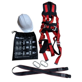 Complete safety kit: harness, lanyards, carabiners, and helmet