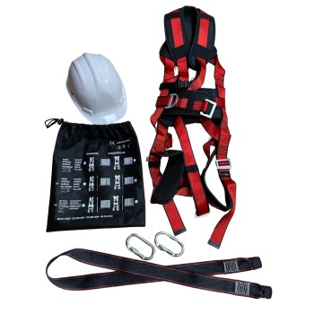 Complete safety kit: harness, lanyards, carabiners, and helmet
