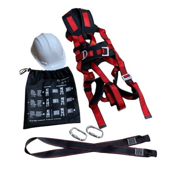 Kit completo seguridad Arnés, amarres, mosquetones y casco